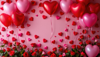 Romantic red and pink heart balloons with scattered small hearts and fresh red roses on pink background