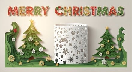 Merry christmas text above paper christmas trees and a decorative white candle holder
