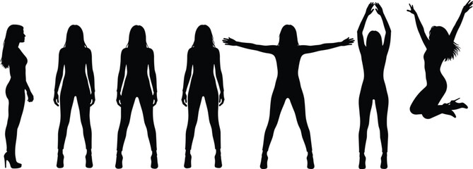 Silhouette collection of various female poses, including standing, jumping, and dynamic action shots, perfect for health, fitness, dance, and body illustration concepts, 