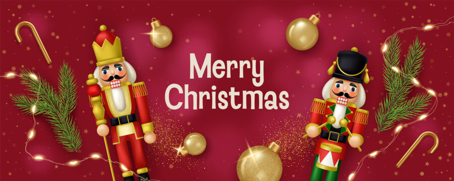 Festive Christmas banner with Nutcracker Toys, pine branches, and xmas ornaments. Realistic Vector illustration in 3D style