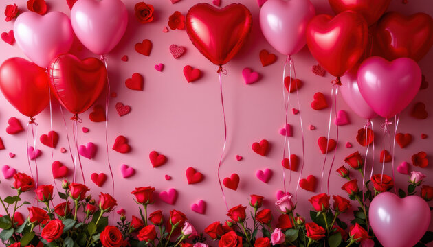 Romantic red and pink heart balloons with scattered small hearts and fresh red roses on pink background - Powered by Adobe
