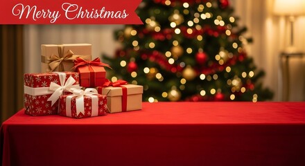 A christmas scene with presents on a red table and a blurred christmas tree in the back