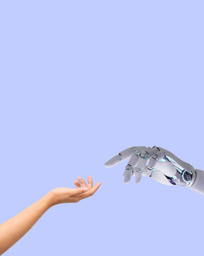 A human hand and a robot hand reach out to each other against a light lilac background with copy space. The cyborg offers help to the human.