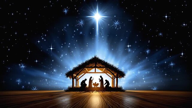 A Christmas scene with twinkling stars and the bright Star of Bethlehem in the night sky, Nativity characters in a manger, and a nativity scene. A seamless cycle of the Christmas story with twinkling - Powered by Adobe
