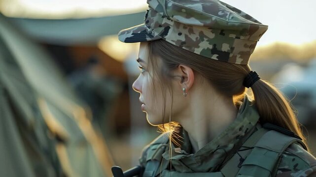 A young female military medic in full combat uniform standing confidently at a field camp during sunset