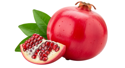 A vibrant ripe red pomegranate with a section cut open revealing its juicy arils and a few fresh green leaves against a stark black background symbolizing health and freshness