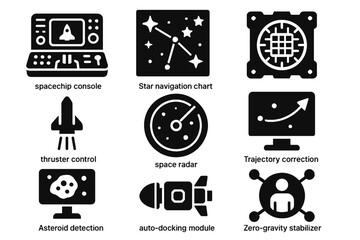 Vector space icons stabilizer futuristic spacecraft correction asteroid quantum icon spaceship detection