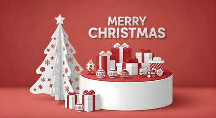 A christmas scene with a white paper tree gifts and ornaments on a red background