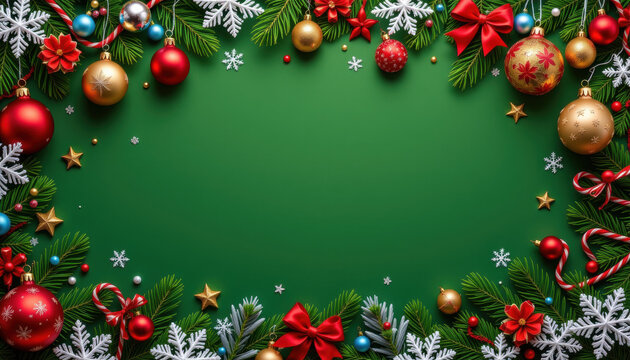 Festive holiday decoration with Christmas ornaments, red bows, pine branches, and snowflakes on green background