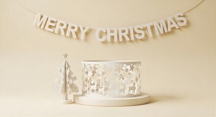 A christmas display featuring a banner, tree, and decorative cylinder on a cream background