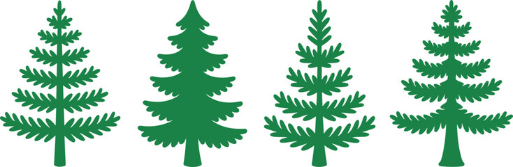 Green pine tree illustration set featuring fir and spruce silhouettes for Christmas holiday and nature design