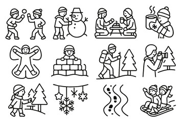 Naklejka premium Icon decorations winter hot activity chocolate vector icons games sledding exploration snowball