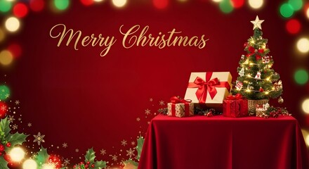 A christmas scene with gifts and a tree against a red backdrop with festive decorations