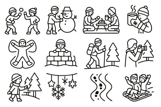 Icon decorations winter hot activity chocolate vector icons games sledding exploration snowball