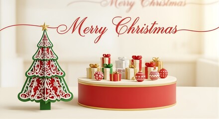 A christmas scene with a paper tree, presents, and merry christmas text in red script