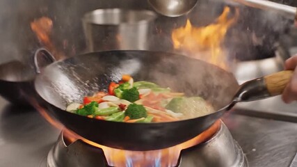 Sizzling wok tossing colorful vegetables with aromatic spices - Powered by Adobe