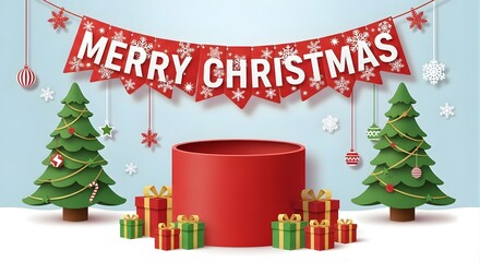A christmas scene with a banner, trees, presents, and a red cylinder against a light blue wall