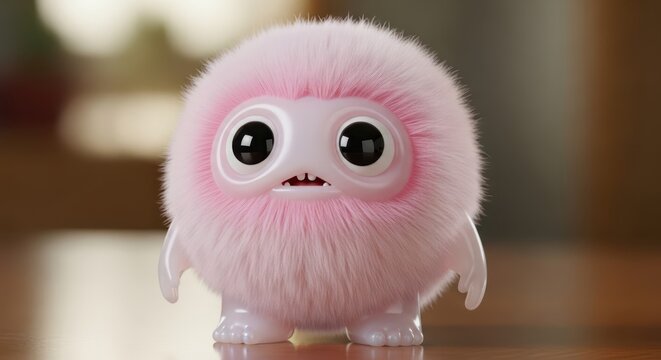 Adorable, fluffy, pink fictional creature stands looking forward with wide eyes