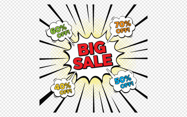 Stunning big sale advertisement with vibrant comic book style discounts, perfect for attracting customers and boosting sales during promotional events
