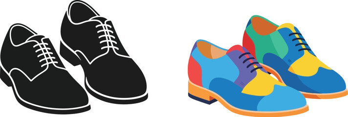 A contrasting pair of dress shoes one black one colorful and artistic
