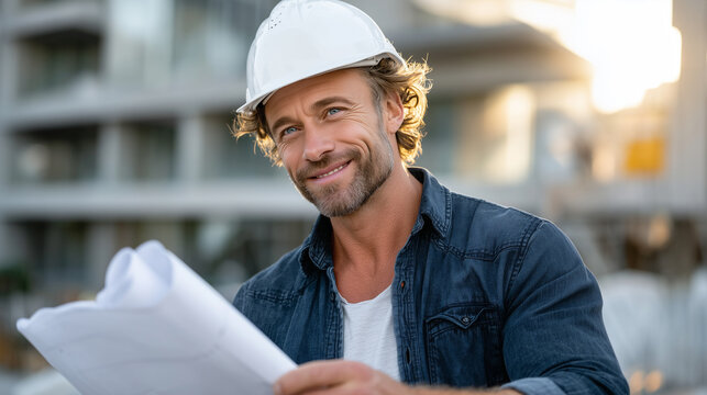Architekt oder Bauingenieur auf der Baustelle mit Baupl&auml;nen