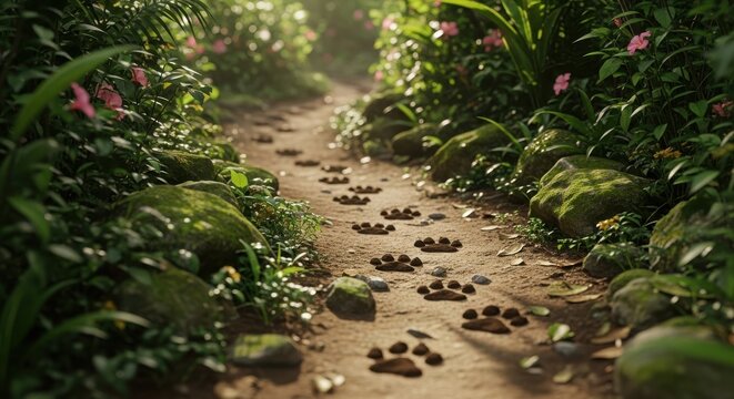 Animal paw prints trail down a sunlit, lush jungle path surrounded by vibrant green foliage