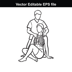 Fototapeta premium Line art illustration of a chiropractor adjusting a female patients upper back and neck, isolated on white background