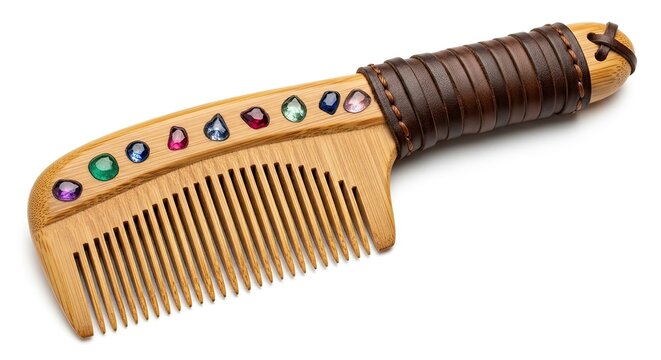 Exquisite handcrafted wooden hair comb adorned with vibrant gemstones and leather wrap design