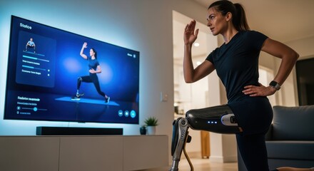 Woman with advanced lower limb prosthesis performs a lunge exercise while following an on-screen fitness program