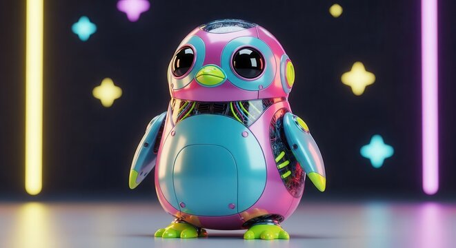 Cute robotic chick character with vibrant neon lighting in a dark environment