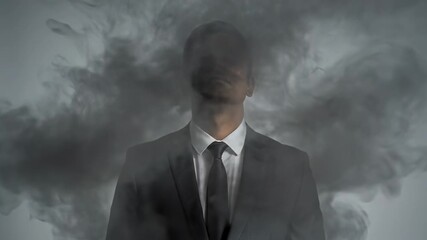 Metaphorical concept of an overwhelmed businessman's head exploding into a cloud of black smoke. Symbolizing work related stress. Information overload. Mental health crisis. And professional burnout