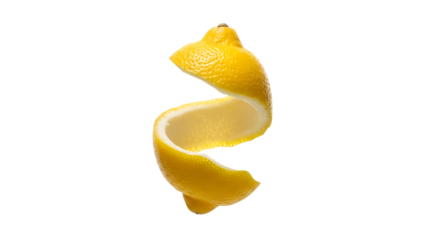 A bright yellow lemon peel elegantly twisted into a spiral shape suspended in a dramatic studio setting against a stark black background showcasing its vibrant citrus essence and delicate texture
