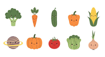 Cartoon vegetables and planet illustration for healthy food concepts