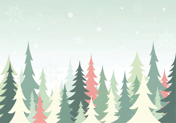 Obraz premium A stylized winter scene featuring a forest of evergreen trees in various shades of green and pink, with falling snowflakes against a light background.