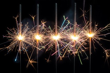 Naklejka premium Five sparklers ignite, creating a spectacular display of colorful sparks