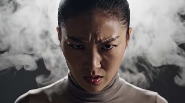Asian woman with an intense, angry expression has steam coming from her head, symbolizing extreme stress, burnout from overwork, information overload, and the brink of a mental breakdown