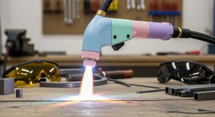 Industrial cutting torch illuminates a wooden workbench in a workshop setting