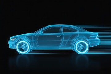 Fototapeta premium Futuristic blue wireframe sports car in motion, digital art