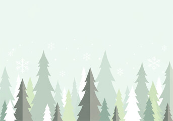 A stylized winter forest scene featuring various shades of green and grey evergreen trees with subtle snowflakes on a light background.