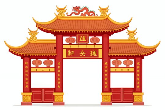 Ornate traditional chinese temple gate with red lanterns and dragon ornaments - Powered by Adobe