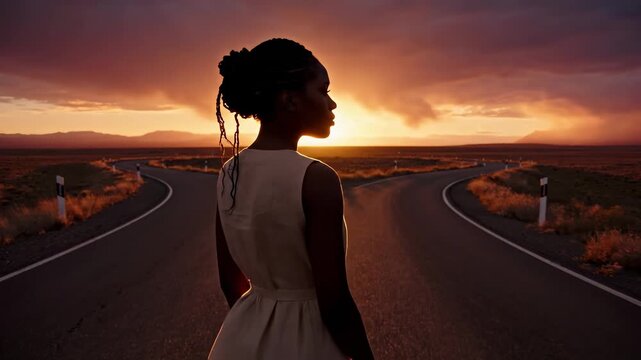 Young black woman standing at a crossroads, facing a difficult decision about her future path while the sun sets behind her, symbolizing choice, opportunity, and new beginnings in life