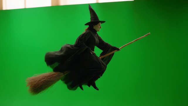 Woman dressed as a witch flies on a broomstick in front of a green background during a special effects shoot for a film or performance