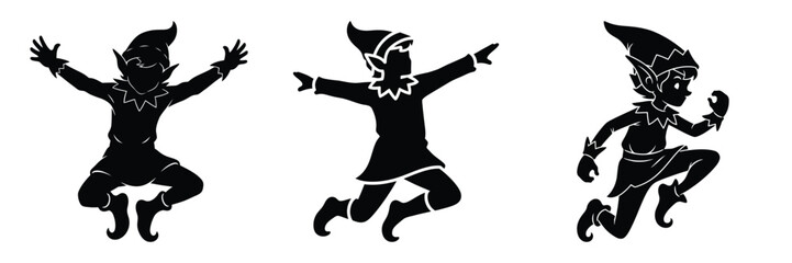 black silhouette elf antic hop on a white background graphic design