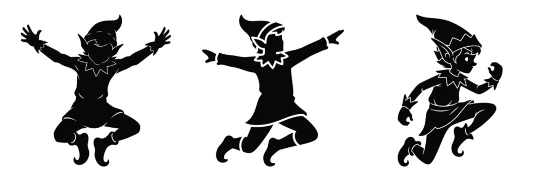 black silhouette elf antic hop on a white background graphic design