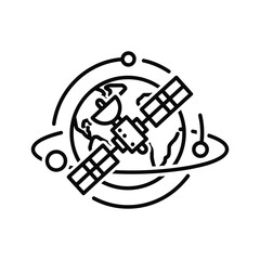 Outline icon of a satellite orbiting the planet earth isolated on