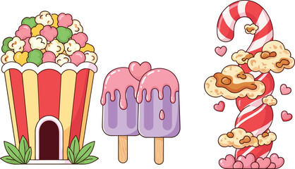 Whimsical popcorn building, fantasy candy cane, cute purple popsicles, colorful food illustration, playful dessert concept, magical snack art, vector design