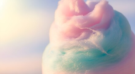 Close-up of fluffy pink and blue cotton candy against pastel sky, dreamy aesthetic, soft focus
