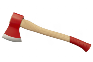 Red axe with wooden handle and red grip isolated on a transparent background 1
