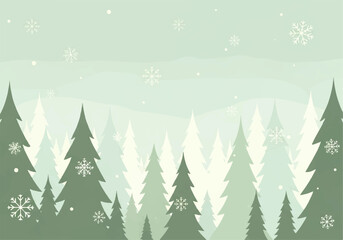 Obraz premium Stylized illustration of a winter forest with evergreen trees and falling snowflakes in shades of green and white.