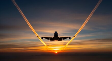 A creatively reimagined version of commercial airplane flying across sunrise sky, contrails glowing, panoramic wide angle view, emphasizing style, visual interest, and refined wording.